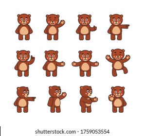 Set of cute bear characters showing various hand gestures. Cheerful teddy bear pointing, greeting, celebrating, showing thumb up and other gestures. Vector illustration