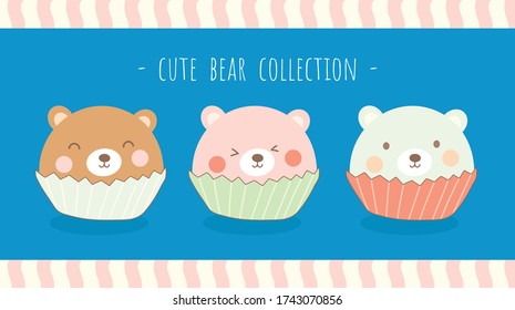 Set of cute bear in cupcake funny  cartoon character for kids.