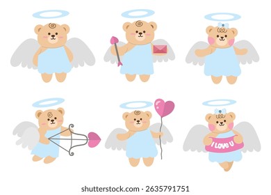 Conjunto de bonitinho urso cupido anjos personagem. Conjunto de elementos vetoriais em estilo romântico. Adequado para elementos decorativos para convite, clip-art, adesivo, etc
