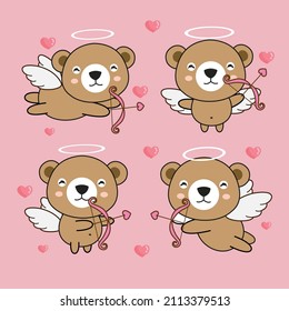  Set of cute bear cupid with bow and arrow.