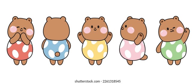 Set of cute bear in egg costume various poses.Wild animal cartoon character design collection.Teddy hand drawn.Kid graphic.Kawaii.Vector.Illustration.