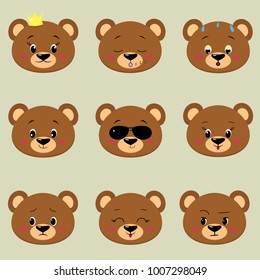 Set of cute bear face different emotions in cartoon style.