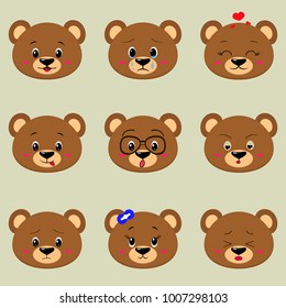 Set of cute bear face different emotions in cartoon style.