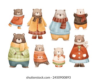 Set of Cute Bear Family in Autumn Outfit