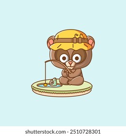 set Cute bear fishing fish on island kawaii chibi character mascot illustration outline style design