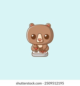 set Cute bear Gamer Playing Game with joystick kawaii chibi character mascot illustration outline style design