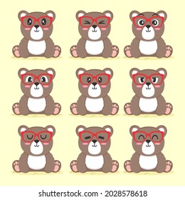 Set of cute bear with glasses flat design illustration