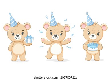 Set of cute bear. Happy Birthday vector illustration.