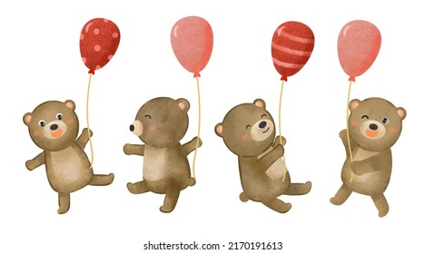 Set of cute bear holding balloon with various gesture in watercolor painting on white background for graphic design postcard, vector illustration