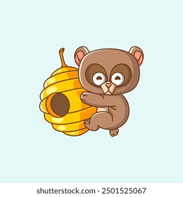 set Cute bear hug honey hanging kawaii chibi character mascot illustration outline style