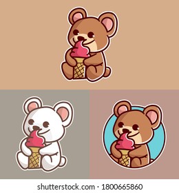 set of cute bear ice cream mascot logo with optional apprearance. premium kawaii vector