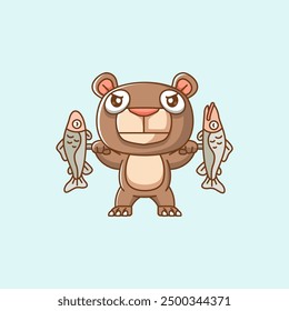 set Cute bear lifting fish barbel food kawaii chibi character mascot illustration outline style design
