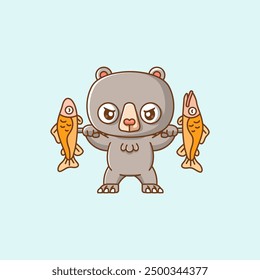 set süß bär heben fisch barbel food kawaii chibi charakter maskottchen bild umriss stil design