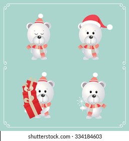 Set of cute bear on blue background. Vector illustration