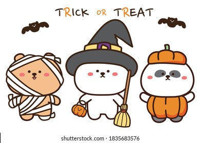 Set of cute bear on white background in halloween concept.Trick or treat text.Animal character design.Image for sticker,baby product,decoration.Vector.Illustration.