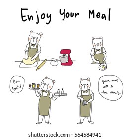 Set of cute bear portrayed the character of people who working in restaurant / cafe such as waiter, chef, pastry chef. Basic conversation in restaurant included. Vector illustration with doodle style.