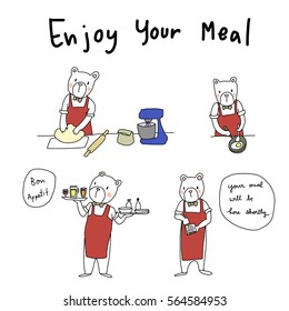 Set of cute bear portrayed the character of people who working in restaurant / cafe such as waiter, chef, pastry chef. Basic conversation in restaurant included. Vector illustration with doodle style.