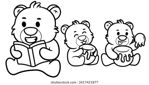 Set of Cute Bear Poses cute teddy bear sticker character black and white Perfect for Stickers, Prints for Clothing, Coloring Pages