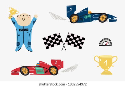 Se monta con un lindo corredor de oso, autos de carreras, copa ganadora, velocímetro, banderas de fórmula. Ilustración infantil aislada en fondo blanco.