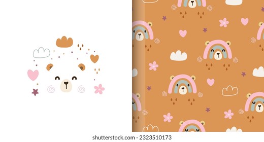 Set of cute bear and rainbow seamless pattern. Vector illustration. Kids collection. Design for fabric, print, textile, wrapping, wallpaper