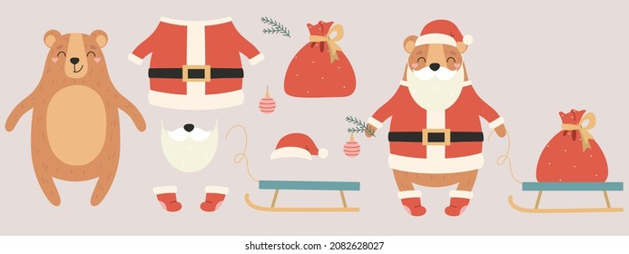 Set of cute bear and Santa Claus suit elements. Create your own fun Christmas animal character. Hand drawn collection for kids room decor, card, sticker, poster, wrapping paper, print, gift, fabric.