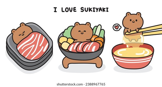 Juego de oso lindo en el concepto de comida japonesa de sukiyaki. Diseño de caricaturas de animales salvajes. Teddy.Meat.Huevo fresco crudo.Vegetable.Comida asiática.Kawaii.Vector.Ilustración.