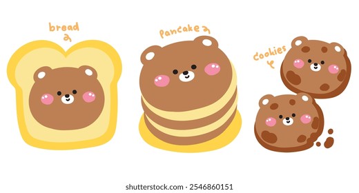 Conjunto de oso lindo en varios menús de panadería.Pastel.Cara teddy.Pan, panqueque, galletas.Diseño de dibujos animados de personajes de animales salvajes.Kawaii.Vector.Ilustración