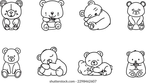 Set of Cute Bear vector line art 