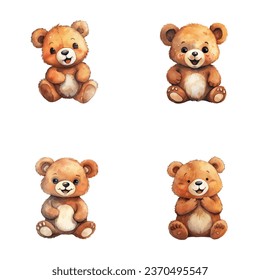 set of cute bear watercolor illustrations for printing on baby clothes, sticker, postcards, baby showers, games and books, safari jungle animals vector