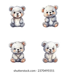 set of cute bear watercolor illustrations for printing on baby clothes, sticker, postcards, baby showers, games and books, safari jungle animals vector