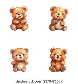 set of cute bear watercolor illustrations for printing on baby clothes, sticker, postcards, baby showers, games and books, safari jungle animals vector