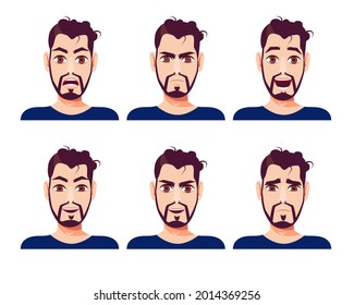 Set of cute bearded man with different facial expressions. Vector illustration in cartoon style