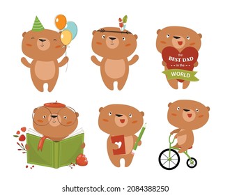 Set of cute bears. The bear has a birthday, the bear is on a bike, the bear is reading. Vector collection of cartoon bears. A set of stickers with cute bears.
