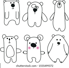 Set of cute bears in calligraphic style. Cartoon vector illustration isolated on white background.