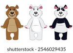 set of cute bears of different colors, polar bear, brown bear and panda bear. vector illustration.