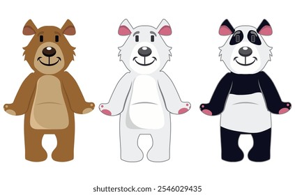 Conjunto de lindos osos de diferentes colores, oso polar, oso pardo y oso panda. Ilustración vectorial.