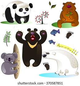 Set of cute bears drawn in cartoon style. Vector Illustration