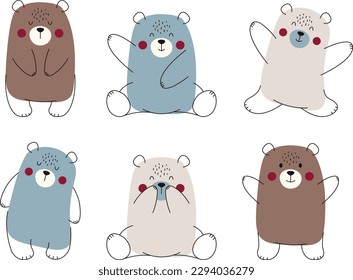 Set of cute bears. Funny doodle animals. Vector illustration for children's greeting cards