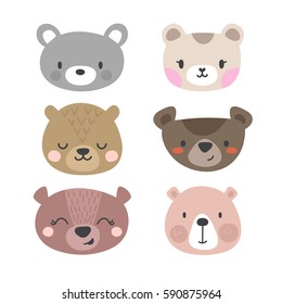 Set of cute bears. Funny doodle animals. Little bear in cartoon style. Vector illustration