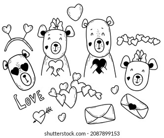 Set of cute bears in love. Girl and boy bear, heart and letter. Vector illustration. Isolated elements in style of hand drawn linear doodles for design, decor, greeting cards and valentines