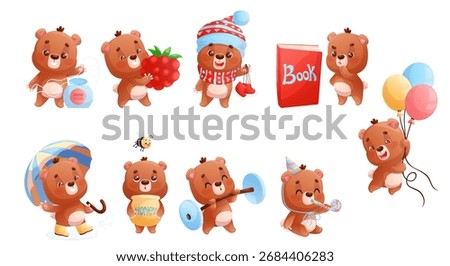 A set of cute bears performing various actions. New Year, autumn, birthday, book, dentistry, sports. Cartoon children's vector illustration for the design of postcard, card, print, textile, sticker