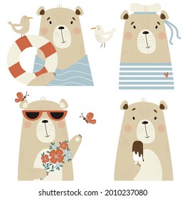 Set of cute bears. A sailor in a hat and striped vest, with a seagull and a lifebuoy, in sunglasses with flowers and butterflies, ice cream. Vector illustration. Summer animals characters