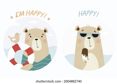 Set of cute bears at the sea. Animal In sunglasses eats ice cream and with a lifebuoy and a seagull. Vector illustration. Poster and text - I am happy. for kids collection, postcards, design and print