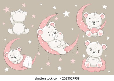 Set of cute bears, sleeping on the moon, dreaming and flying in a dream on the clouds. Cartoon vector illustration.