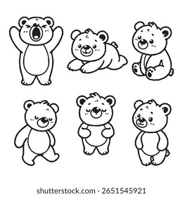 Set of cute bears in various poses with hand-drawn vector illustrations. Doodle line art style, isolated and easy to use for creative projects and designs.