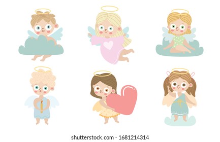 Set of cute beautiful angel kids. Vector illustration in flat cartoon style.