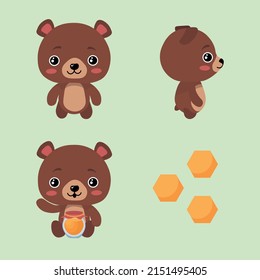Set of cute and beautiful character bears on green background. Vector illustration charming animals in different poses front and side view, eating honey and honeycomb near in cartoon style.