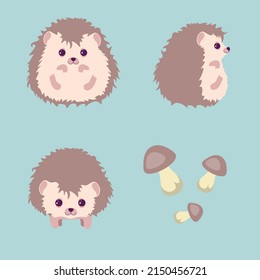 Set of cute and beautiful character hedgehogs on blue background. Vector illustration charming animals in different poses front and side view, sitting smiling and mushrooms near in cartoon style.