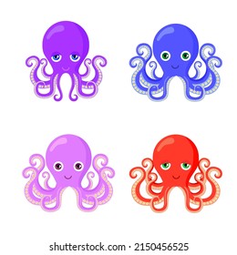 Set of cute and beautiful character octopuses on white background. Vector illustration charming colorful shellfish in cartoon style.