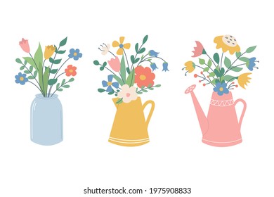 A set of cute beautiful flower bouquets in a jar, jug and watering can. Vector image in a flat style on a white background. Floral decor for invitations, postcards, stickers